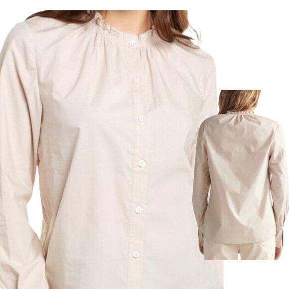 Thakoon Ruffle Blouse Cotton High Collar Long Sleeves Tan/Cream Button Front M - Picture 1 of 13